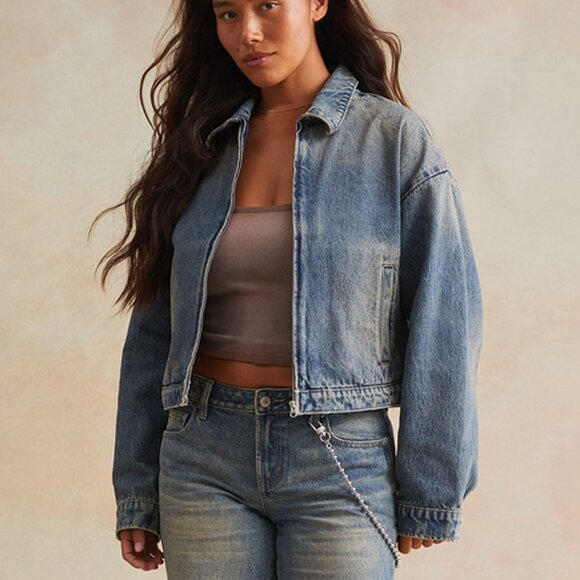 RARE DNM EDIT Medium Blue Embossed Denim Cropped Gas Jacket, Medium Indigo - NWT - Picture 2 of 6